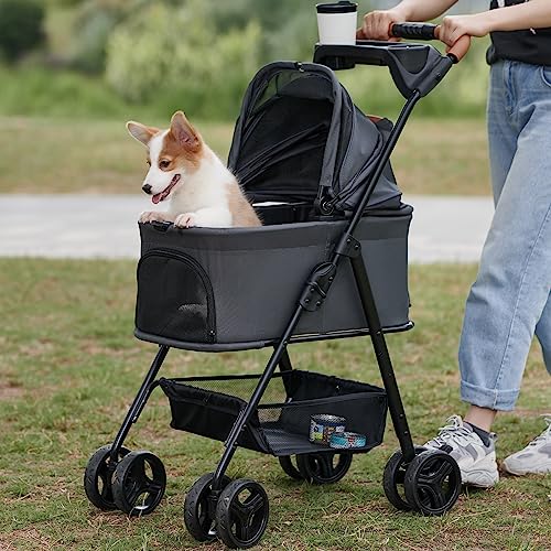 Zoosky 3 in 1 Pet Stroller with Removable Carrier, Folding Stroller for Small/Medium Dogs and Cats, Waterproof, All-Terrain, with Sun Shades, Car Seat - color: Dark Gray