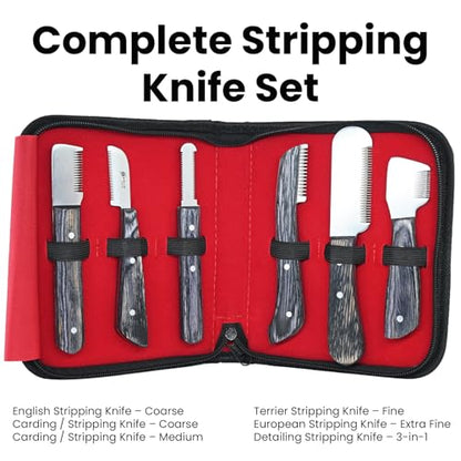 Dog Grooming Stripping Knife Set – 6-Piece Stainless Steel Hand Stripping Tools with Wooden Handles – Coarse, Medium, Fine & Extra-Fine Knives for Dogs, Cats & Wire-Coated Pets (Black) - color: Black