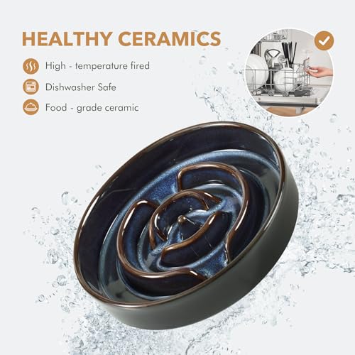 Havniva 1.6 Cup Elevated Slow Feeder Dog Bowls, 8.2” Ceramic Dog Slow Feeding Bowls with Acacia Wood Stand, Raised Dog Food Bowl Puzzle Slow Feeder for Medium Dogs/Fast Eater, Non-Slip & Anti-Choking - color: 1 x Starry Sky + Stand - A, size: L- 8.2inch /