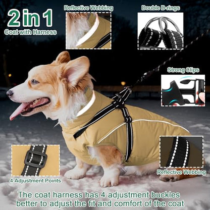 Fragralley Dog Coat with Harness Built in, Waterproof Windproof Reflective Warm Puffer Jacket, Fleece Lined Vest Winter Parka for Small, Medium, Large Dogs - color: Khaki, size: X-Small