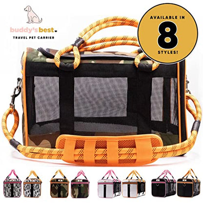 Buddy's Best Airline Approved Pet Carrier – Black & Orange Heavy Duty, Fits Under Seat, TSA Compliant, Ventilated Mesh Design w/Waterproof Base & Reflective Safety Strips - color: Black & Orange