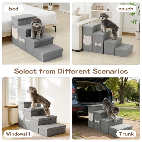 4-Step Wider Dog Steps for Bed 22" H, Foldable Dog Stairs with Storage, Non-Slip Pet Steps for Small Medium Large Dogs, Arthritis-Friendly Pet Stairs for Couch and Car Up to 200 lbs, Grey - size: 4-Step