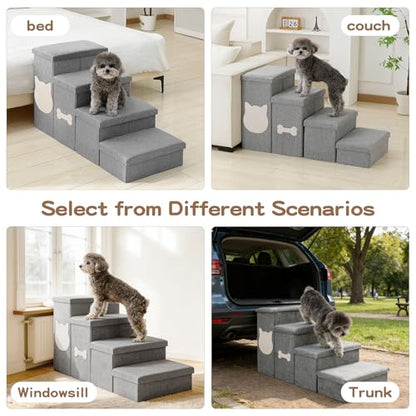 4-Step Wider Dog Steps for Bed 22" H, Foldable Dog Stairs with Storage, Non-Slip Pet Steps for Small Medium Large Dogs, Arthritis-Friendly Pet Stairs for Couch and Car Up to 200 lbs, Grey - size: 4-Step