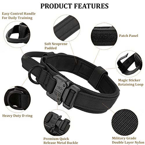 Tactical Dog Collar with Handle - Military Adjustable Dog Training Collar Soft Nylon and Heavy Duty Metal Buckle for Medium Large Dogs - with Patch (Black, Medium) - color: Black, size: Medium