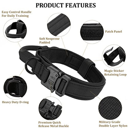 Tactical Dog Collar with Handle - Military Adjustable Dog Training Collar Soft Nylon and Heavy Duty Metal Buckle for Medium Large Dogs - with Patch (Black, Large) - color: Black, size: Large