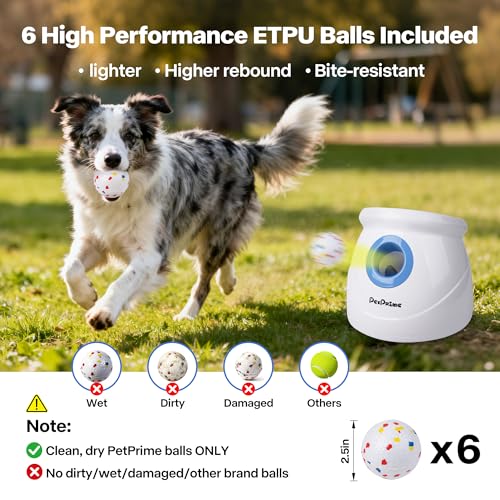 Pet Prime Upgraded Automatic Ball Launcher for Large Dogs,Rechargeable Dog Ball Thrower for Outdoor Exercise & Interactive Play,Adjustable 10-64ft Thrower with 6PCS 2.5" ETPU Balls,1 Dog Whistle