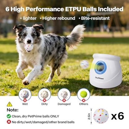 Pet Prime Upgraded Automatic Ball Launcher for Large Dogs,Rechargeable Dog Ball Thrower for Outdoor Exercise & Interactive Play,Adjustable 10-64ft Thrower with 6PCS 2.5" ETPU Balls,1 Dog Whistle