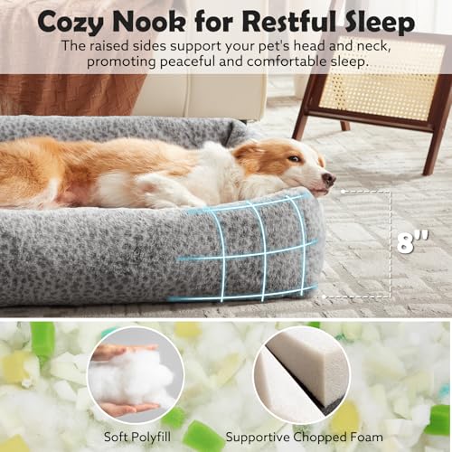JOEJOY Dog Bed Medium Size Dog, Removable Washable Cover Orthopedic Soft Pet Bed, Anti-Slip Fluffy Plush Faux Rabbit Fur Puppy Bed, 30"x24"x8", Leopard Print, Grey - color: Grey, size: M (30"x24"x8")