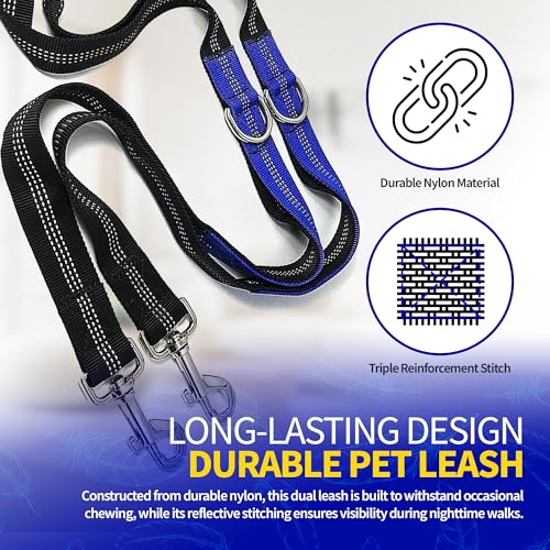 Pet Fit For Life 64" Double Dog Leash – Premium Dual Leash for Two Dogs w/Shock-Absorbing Bungee | Durable Soft Foam Handle for Comfort & Control | Includes Bonus Collapsible Travel Water Bowl - size: Large