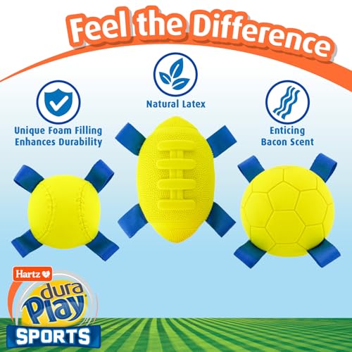 Hartz Dura Play Sports Football Dog Toy, Bacon Scented Squeaky Latex Yellow & Blue Toy, 1 Count - size: 1 Count, style: Football