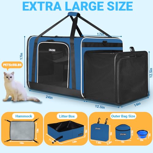 Petskd Side Expandable Extra Large Cat Carrier with Litter Box Area, 24"x17"x17" Soft-Sided Pet Carrier for 2 Cats Under 55 lbs with Zipper Locks for Car Travel(Prussian Blue) - color: Prussian Blue
