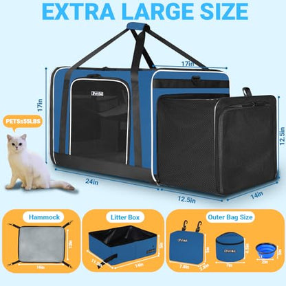 Petskd Side Expandable Extra Large Cat Carrier with Litter Box Area, 24"x17"x17" Soft-Sided Pet Carrier for 2 Cats Under 55 lbs with Zipper Locks for Car Travel(Prussian Blue) - color: Prussian Blue