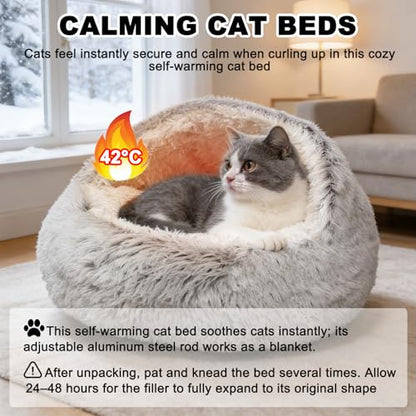 Cat Beds for Indoor Cats - Self Warming and Calming Small Dog Bed with Cover Cave, Cat Cave Bed for Puppy and Kitty,Cozy Fluffy Pet Beds for Small Dogs, Waterproof Bottom Washable 26×26inch - size: 65cm-gray