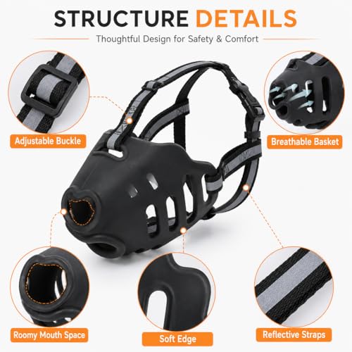Dog Muzzle, Soft Basket Muzzle with Adjustable Reflective Straps, TPE Mouth Guard Allows Panting Drinking and Treats, for Grooming Walking Training Vet Visits, Black (Small) - size: Small
