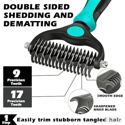 Professional 3PCS Self Cleaning Slicker Brush & Pet Grooming Rake & Flea Comb for Dogs,Cats and Horses | Double-Sided Dematting Comb & Skin Friendly Deshedding Grooming Tool (Cyan) - color: Cyan