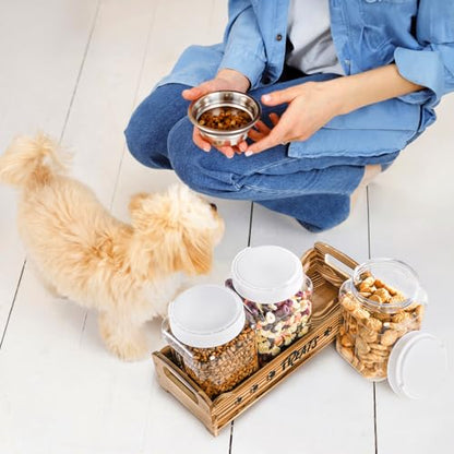 Tlence Dog Treats Container with 3 Plastic Jars, Dog Food Storage Canister with Wooden Stand, Airtight Pet Treat Holder for Dogs and Cats, Dog Snacks Treat Organizer with Scoop for Kitchen Counter