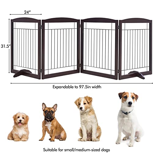 Yaheetech 32" Tall Freestanding Dog Gate, Extra Wide Pet Fence, Foldable Wire & Wooden Puppy Safety Barrier with Support Feet for House Doorway Stairs(Espresso,4 Panels)