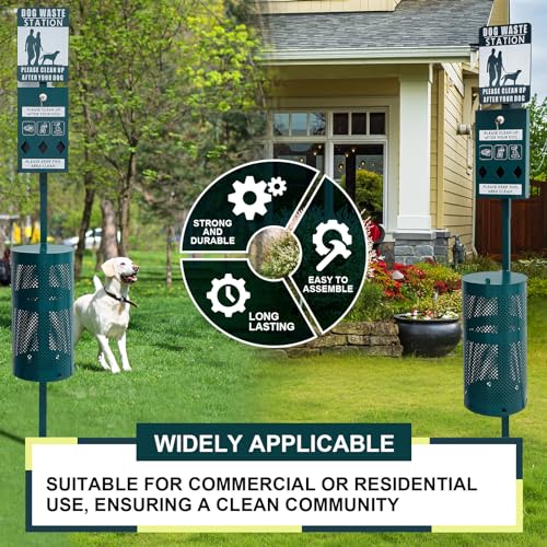 Qinyoung Dog Waste Station Galvanized Steel Outdoor Pet Bin with Poop Bag Dispenser Reflective Sign Rust Proof for Backyard Commercial Park(Green) - color: Green