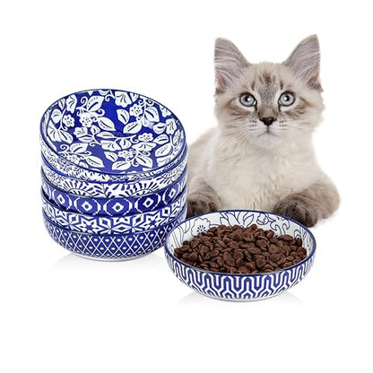 Selamica 세라믹 고양이 그릇, 14cm(5.6인치) 너비의 얕은 고양이 사료 그릇, 음식과 물용, 수염 친화적, 6개 세트, 빈티지 블루 - color: 빈티지 블루, size: 5.6 Inch, Set of 6