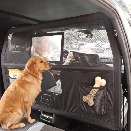 56'' Dog Car Barrier for Cars SUVs Trucks, Universal Dog Car Divider for Back Seat & Cargo Area, Chew-Proof Transparent Net and Sturdy Metal Frame, with High-Visibility Window and 2 Storage Pockets - color: Matte Black, size: Large 56"*32"