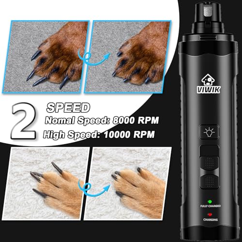 VIWIK Dog Nail Grinder, Dog Nail Trimmers for Large Medium Small Dogs & Cats, Super Quiet Electric Pet Nail Clippers Kit with Light, 2-Speed USB Rechargeable Pet Paws Grooming Tool Black - color: Black+Blue