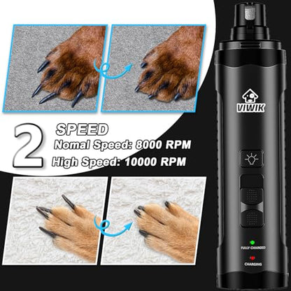 VIWIK Dog Nail Grinder, Dog Nail Trimmers for Large Medium Small Dogs & Cats, Super Quiet Electric Pet Nail Clippers Kit with Light, 2-Speed USB Rechargeable Pet Paws Grooming Tool Black - color: Black+Blue