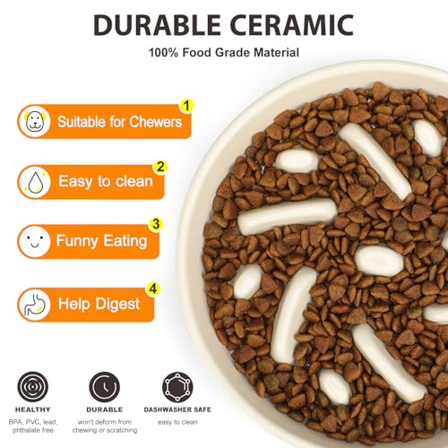 Ceramic Slow Feeder Dog Bowl, 2 Cups Dog Food Bowls for Small, Medium, and Large Breed, Anti-Slip Puzzle Food Dish to Slow Down Eating (White, 2 Cups) - color: Maze - White