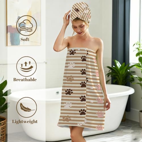 Dog Paw Stripes Microfiber Bathrobe and Hair Towel Wrap Set for Women Quick Dry Shower Towels Wrap Absorbent Soft Bath Robe and Hair Drying Cap for Spa After Shower
