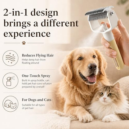 Dual-Sided Pet Grooming Comb,2‑in‑1 Professional Brush Deshedding Dog Brush with Spray Design, Dematting Comb Undercoat Rake for Long Haired Pet Grooming Tool - color: Yellow