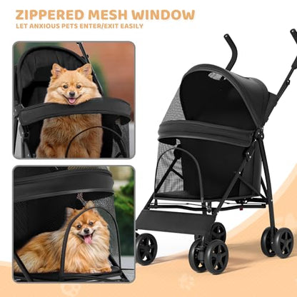 Magshion Compact Pet Stroller for Small-Medium Dogs/Cats up to 22lbs, 4-Wheel Lightweight Umbrella Shaped Portable Puppy Travel Jogger with Breathable Mesh, Cup Holder & Rear Storage, Black - color: Black, style: Up to 22 lbs
