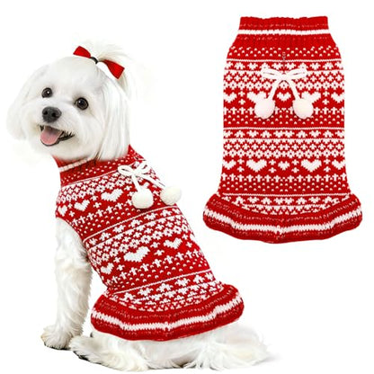 Dog Christmas Sweater Dress with Leash Hole Turtleneck Xmas Girl Dog Clothes Soft Pet Dogs Outfits Warm Fall Winter Puppy Knitted Pullover for Small Medium Dogs Cats（Red Heart,Medium） - color: Red Heart, size: Medium