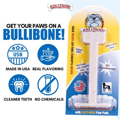 Bullibone Nylon Dog Chew Toy for Aggressive Chewers - Dental Hygiene Bone with Bacon Flavor, Durable Tough Chew Toys for Extra Large Dogs, Indestructible Dog Bone - 2 Pack