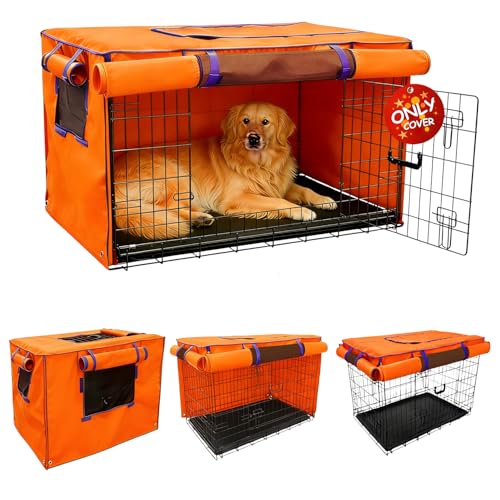 42-Inch Orange Dog Crate Cover – Light-Blocking Protective Cover with Roller Shades, Sound-Dampening Sunshade for Wire Kennels, Features Breathable Side Window (Cover Only) - color: Orange, size: 42.0"L x 28.0"W x 30.0"H