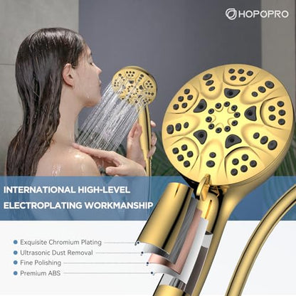6-Mode High Pressure Handheld Shower Head Set, Consumer Reports Recommended HOPOPRO High Flow Hand Held Showerhead with 59 Inch Hose Bracket Teflon Tape Rubber Washers - color: Gold, style: 6 Modes