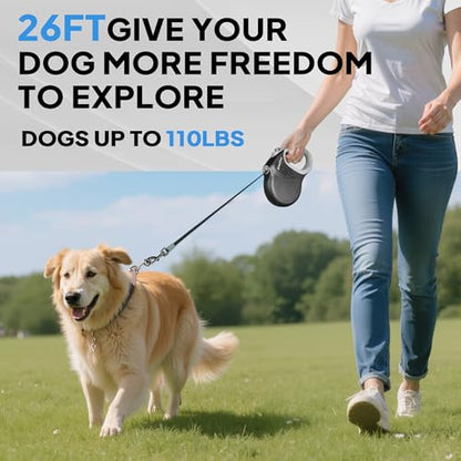 PetiFine Upgraded Retractable Dog Leash 26FT, Heavy Duty Pet Walking Lead for Large Dogs up to 110lbs, Anti-Twist Reflective Dog Leash with Anti-Slip Soft Grip, One-Handed Brake - size: Large-26 Feet(Tape)