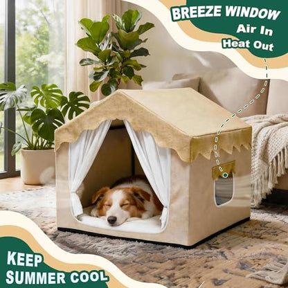 Indoor Dog House, Breeze Pet Tent with Sturdy Frame & Window, Dog Cave Bed with Washable Cover for Medium-Large Dogs (36-66 lb), 29", Cream - size: XL (29"×29"×29")