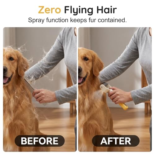 Pet Pro Grooming Tool, 2026 Upgraded Undercoat Rake with Spray Bottle, Ergonomic Dematting Brush for Long-Haired Dogs & Cats, Extra Wide Hair Shedding Comb for Home Pet Grooming (Yellow) - color: Yellow