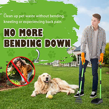 MXF Pooper Scooper, Dog Pooper Scooper Long Handle Stainless Metal Tray and Rake Set for Medium Small Dogs Heavy Duty - Use on Grass, Dirt or Gravel - Pet Supplies (Green)
