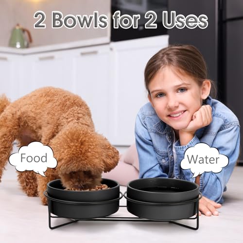 Ceramic Dog and Cat Bowl Set with Stand, 1.7 Cups Dog Food and Water Bowl Suitable for Small and Medium Pets (13.5oz Black) - color: Black, size: 13.5oz