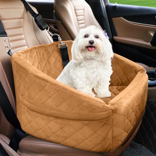 NEEZUKAR Dog Car Seat for Small Medium Dogs,Detachable Washable Dog Booster Seat Under 30lbs,Pet Car Seat Travel Bed with Storage Pockets and Dog Safety Belt（Brown - color: Brown
