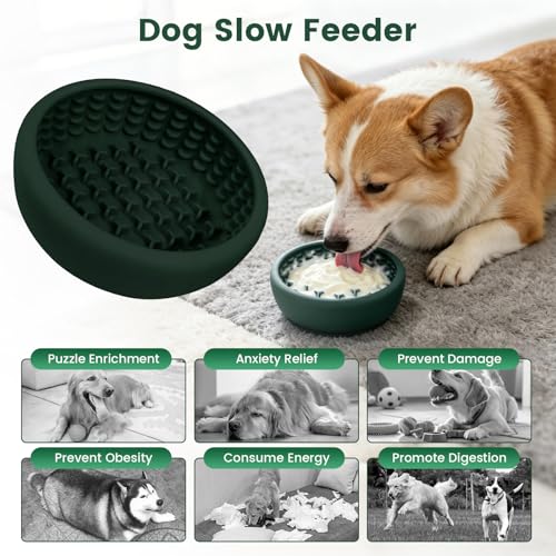 Dog Slow Feeder Licking Bowl,Anxiety Relief Treat Dispenser, Non-Slip Anti-chocking Pet Dish, Interactive Puzzle Toy for Mediuml Large Breed,Freezable BPA Free Silicone Dishwasher Safe - color: green, size: L