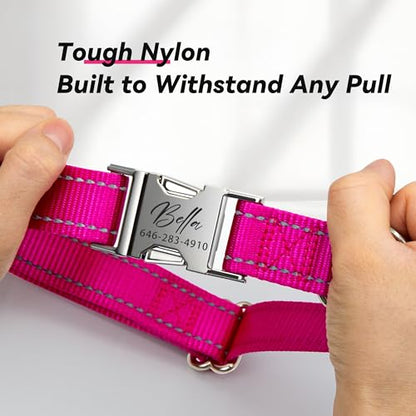 Personalized Reflective Dog Collar with Name and Phone Number, Engraved Pet ID Tag, Adjustable Nylon Collar with Quick Release Metal Buckle