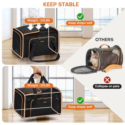 Pet Carrier, Large Soft Sided Expandable Travel Carrier with Steel Frame, Anti-Scratch Mesh, Removable Fleece Pad and Pockets for Cats, Dogs and Small Animals up to 15 lbs (Black, 4 Sides Expandable) - color: Black