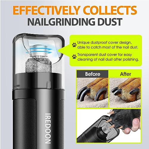 IREDOON Dog Nail Grinder Upgraded - Professional 3-Speed Super Quiet and Low Vibration Electric Pet Nail Grinder with 4 LED Lights - Painless Paws Grooming & Smoothing for Small to Large Dogs (Black) - color: Black