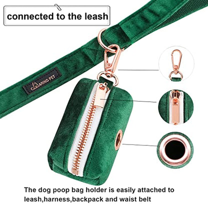 ARING PET Dog Poop Bag Holder, Velvet Doggy Waste Bag Dispenser Attach to Any Leashes, Dark Green Portable Washable Pet Waste Pouch Dispenser with Metal Zipper - color: A:Dark green