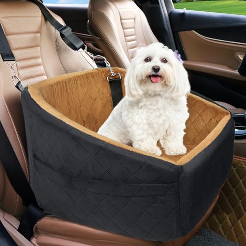 NEEZUKAR Dog Car Seat for Small Medium Dogs,Detachable Washable Dog Booster Seat Under 30lbs, Pet Car Seat Travel Bed with Storage Pockets and Dog Safety Belt(Black/Brown) - color: Black/brown