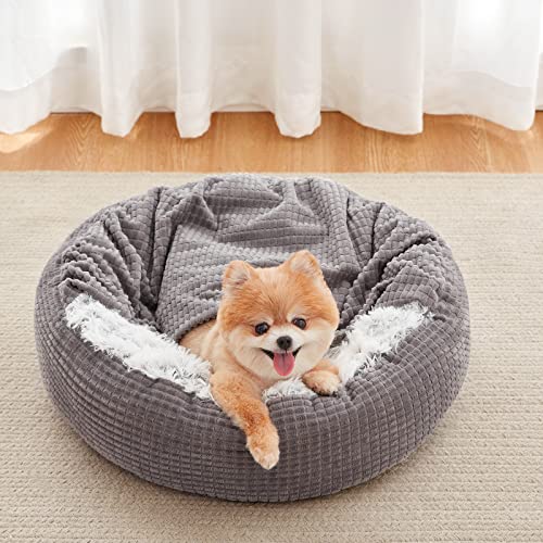 MIXJOY Dog Bed with Blanket, Round Calming Cozy Cave for Medium Dogs, Soft Plush Cuddler Puppy Bed and Burrow Cave, Anti-Slip Bottom, 26inch - size: 26.0"L x 26.0"W x 6.0"Th