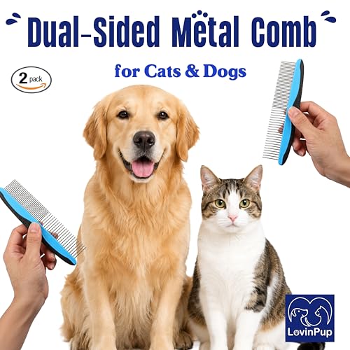 Pet Metal Comb for Dogs and Cats (2-Pack) - Stainless Steel Rounded Teeth for Painless Detangling - Dual-Spacing for Small & Large Pets with Comfort Grip Handle - Professional Grooming Tools - size: Comb