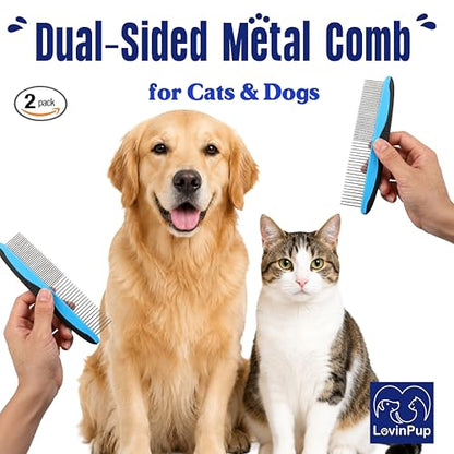Pet Metal Comb for Dogs and Cats (2-Pack) - Stainless Steel Rounded Teeth for Painless Detangling - Dual-Spacing for Small & Large Pets with Comfort Grip Handle - Professional Grooming Tools - size: Comb