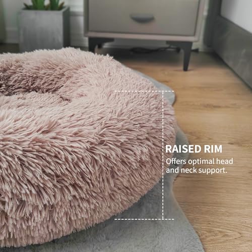 Deluxe Calming Dog Bed for Small Medium Dogs & Cats - Anti-Anxiety Donut Cuddler Cozy Warm Soft Fluffy Faux Fur Round Beds Sizes 20" Puppy Bed (Khaki, X-Small)
